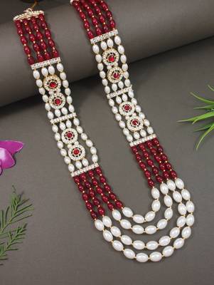 4 layered traditional gold plated dulha moti mala with beaded maharaja haar/groom necklace for men (maroon) 1