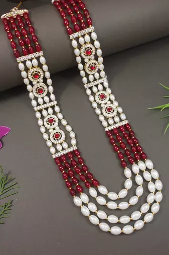 4 layered traditional gold plated dulha moti mala with beaded maharaja haar/groom necklace for men (maroon)