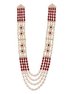 4 layered traditional gold plated dulha moti mala with beaded maharaja haar/groom necklace for men (maroon) 2