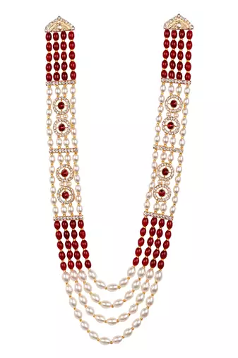 4 layered traditional gold plated dulha moti mala with beaded maharaja haar/groom necklace for men (maroon)