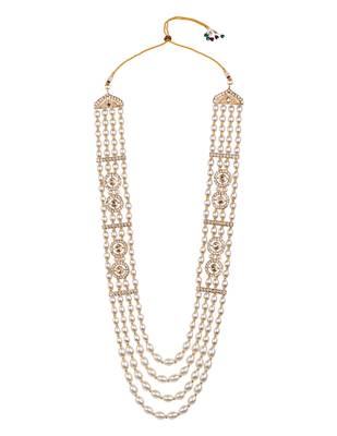 4 layered traditional gold plated dulha moti mala with beaded maharaja haar/groom necklace for men (white) 3