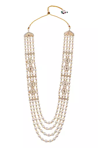 4 layered traditional gold plated dulha moti mala with beaded maharaja haar/groom necklace for men (white)