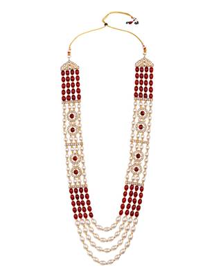 4 layered traditional gold plated dulha moti mala with beaded maharaja haar/groom necklace for men (maroon) 3