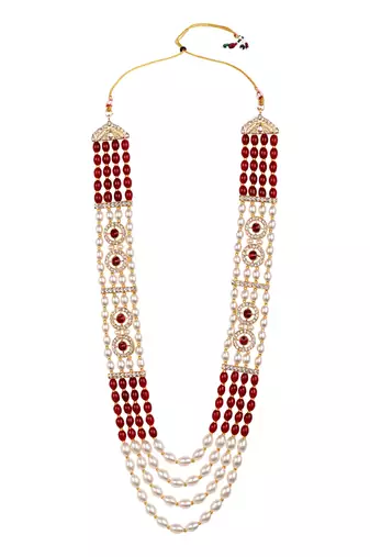 4 layered traditional gold plated dulha moti mala with beaded maharaja haar/groom necklace for men (maroon)