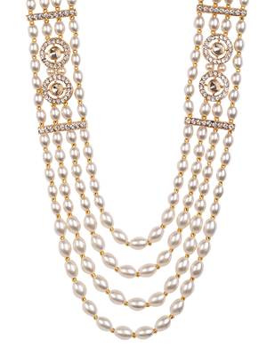 4 layered traditional gold plated dulha moti mala with beaded maharaja haar/groom necklace for men (white) 4