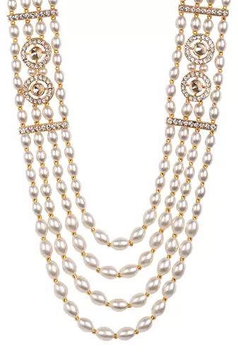 4 layered traditional gold plated dulha moti mala with beaded maharaja haar/groom necklace for men (white)