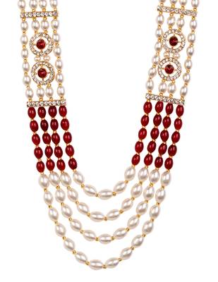 4 layered traditional gold plated dulha moti mala with beaded maharaja haar/groom necklace for men (maroon) 4