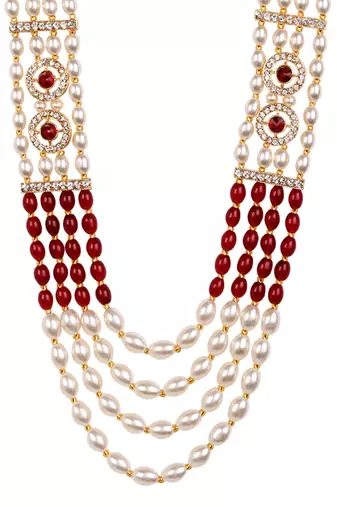 4 layered traditional gold plated dulha moti mala with beaded maharaja haar/groom necklace for men (maroon)