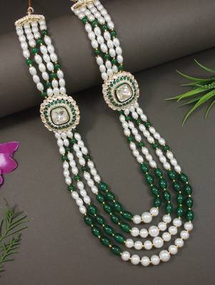 4 layered traditional gold plated dulha moti mala with beaded maharaja haar/groom necklace for men (green) 1