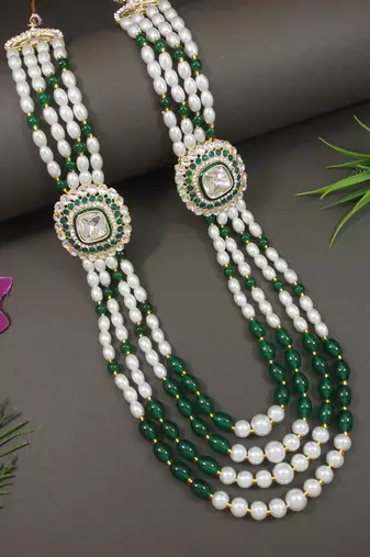4 layered traditional gold plated dulha moti mala with beaded maharaja haar/groom necklace for men (green)
