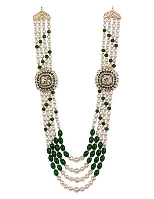 4 layered traditional gold plated dulha moti mala with beaded maharaja haar/groom necklace for men (green) 2