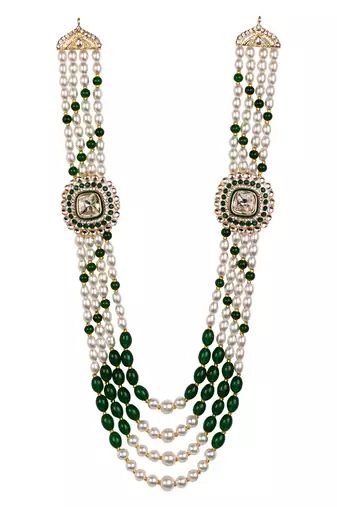 4 layered traditional gold plated dulha moti mala with beaded maharaja haar/groom necklace for men (green)
