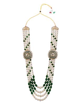 4 layered traditional gold plated dulha moti mala with beaded maharaja haar/groom necklace for men (green) 3