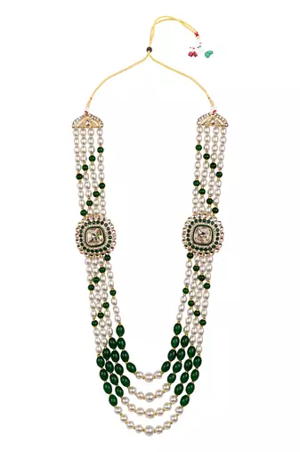 4 layered traditional gold plated dulha moti mala with beaded maharaja haar/groom necklace for men (green)
