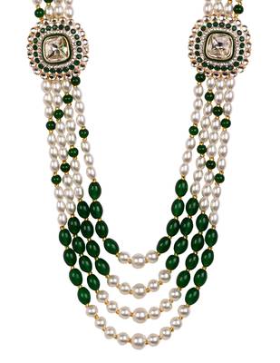 4 layered traditional gold plated dulha moti mala with beaded maharaja haar/groom necklace for men (green) 4