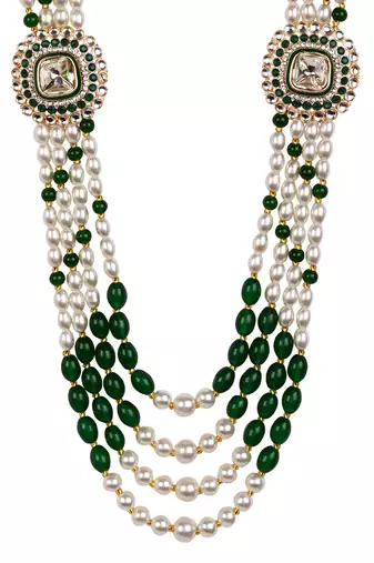4 layered traditional gold plated dulha moti mala with beaded maharaja haar/groom necklace for men (green)