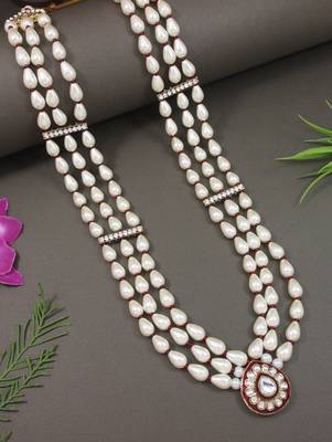 3 layered traditional gold plated dulha moti mala with beaded maharaja haar/groom necklace for men (white maroon) 1