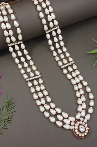 3 layered traditional gold plated dulha moti mala with beaded maharaja haar/groom necklace for men (white maroon)