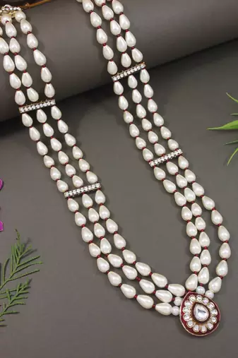 3 layered traditional gold plated dulha moti mala with beaded maharaja haar/groom necklace for men (white maroon)