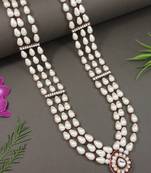 3 layered traditional gold plated dulha moti mala with beaded maharaja haar/groom necklace for men (white maroon)