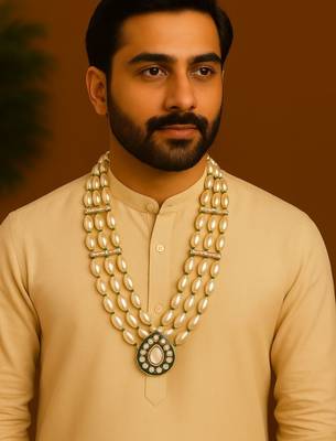 3 layered traditional gold plated dulha moti mala with beaded maharaja haar/groom necklace for men (mlp67wg) 1