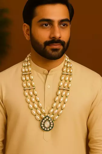 3 layered traditional gold plated dulha moti mala with beaded maharaja haar/groom necklace for men (mlp67wg)
