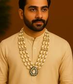3 layered traditional gold plated dulha moti mala with beaded maharaja haar/groom necklace for men (mlp67wg)