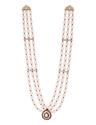 3 layered traditional gold plated dulha moti mala with beaded maharaja haar/groom necklace for men (white maroon) 2
