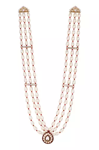 3 layered traditional gold plated dulha moti mala with beaded maharaja haar/groom necklace for men (white maroon)