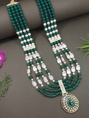 4 layered traditional gold plated dulha moti mala with beaded maharaja haar/groom necklace for men (green) 1