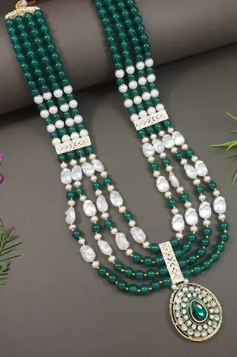 4 layered traditional gold plated dulha moti mala with beaded maharaja haar/groom necklace for men (green)