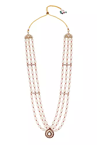 3 layered traditional gold plated dulha moti mala with beaded maharaja haar/groom necklace for men (white maroon)