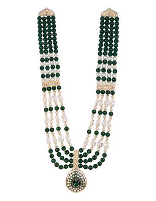 4 layered traditional gold plated dulha moti mala with beaded maharaja haar/groom necklace for men (green) 2