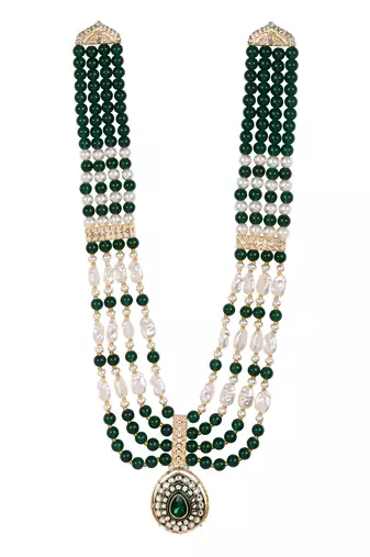 4 layered traditional gold plated dulha moti mala with beaded maharaja haar/groom necklace for men (green)