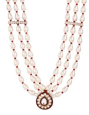 3 layered traditional gold plated dulha moti mala with beaded maharaja haar/groom necklace for men (white maroon) 4