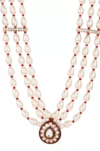 3 layered traditional gold plated dulha moti mala with beaded maharaja haar/groom necklace for men (white maroon)