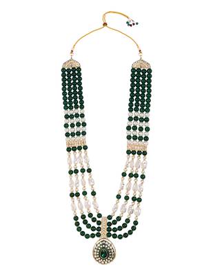 4 layered traditional gold plated dulha moti mala with beaded maharaja haar/groom necklace for men (green) 3
