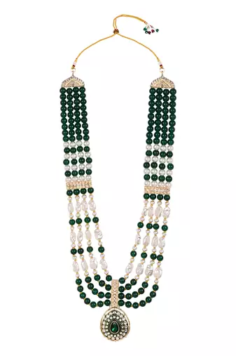 4 layered traditional gold plated dulha moti mala with beaded maharaja haar/groom necklace for men (green)