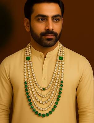 5 layered traditional gold plated dulha moti mala with beaded kundan maharaja haar/groom necklace for men (mlp63g) 1