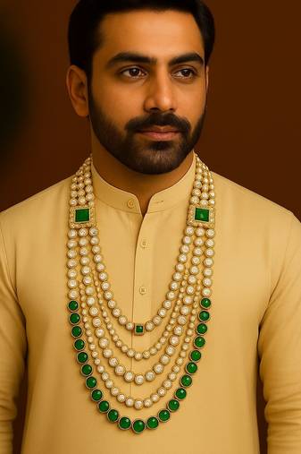5 layered traditional gold plated dulha moti mala with beaded kundan maharaja haar/groom necklace for men (mlp63g)
