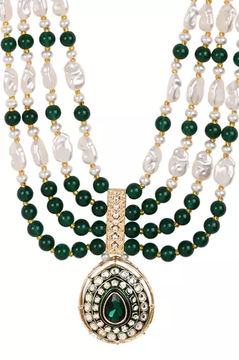 4 layered traditional gold plated dulha moti mala with beaded maharaja haar/groom necklace for men (green)