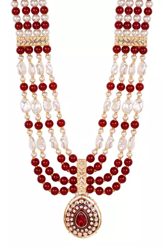 4 layered traditional gold plated dulha moti mala with beaded maharaja haar/groom necklace for men (mlp66m)