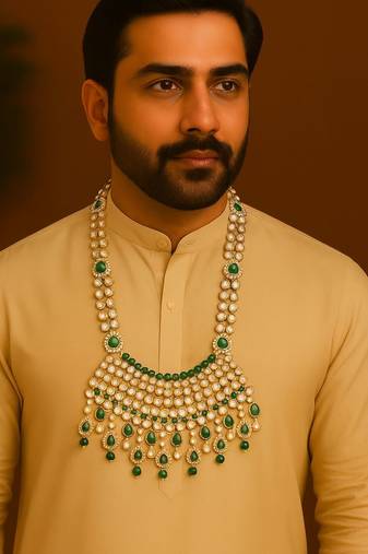 Traditional gold plated dulha moti mala with beaded kundan maharaja haar/groom necklace for men (mlp62g)