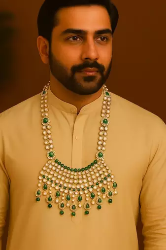 Traditional gold plated dulha moti mala with beaded kundan maharaja haar/groom necklace for men (mlp62g)