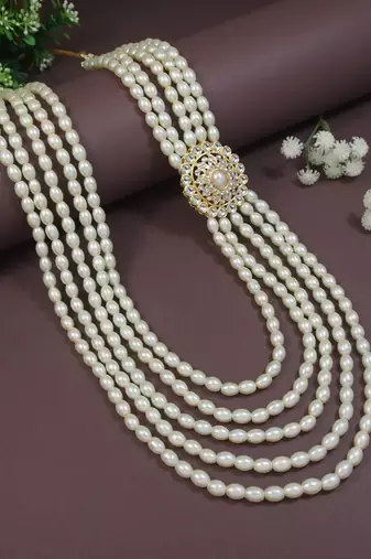 5 layered traditional gold plated dulha moti mala with kundan maharaja haar/groom necklace for men (mlp57w)