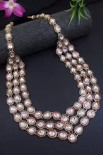 3 layered traditional gold plated dulha kundan mala maharaja haar/groom necklace for men (maroon)