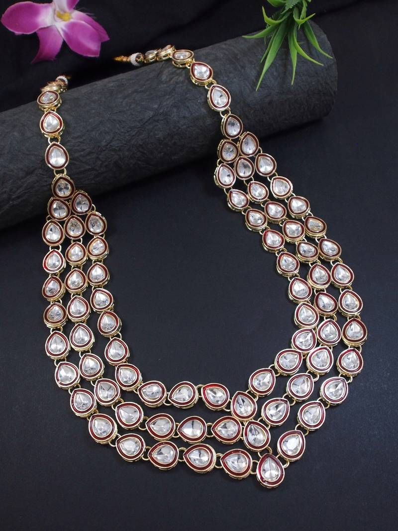 3 layered traditional gold plated dulha kundan mala maharaja haar/groom necklace for men (maroon)