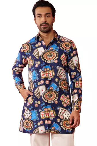 Men's blue rayon kurta - digital printed mid-length casual festive