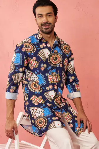 blue rayon kurta - digital printed mid-length casual festive