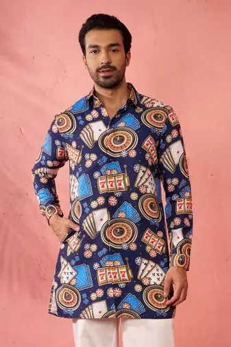 blue rayon kurta - digital printed mid-length casual festive